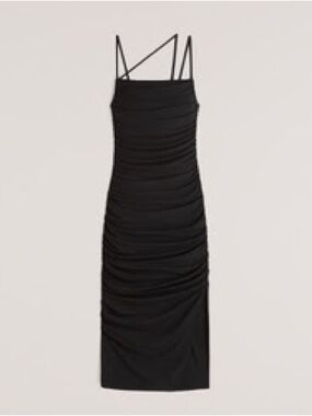 Abercrombie & Fitch Black Ruched Midi Slip Dress with Double Straps